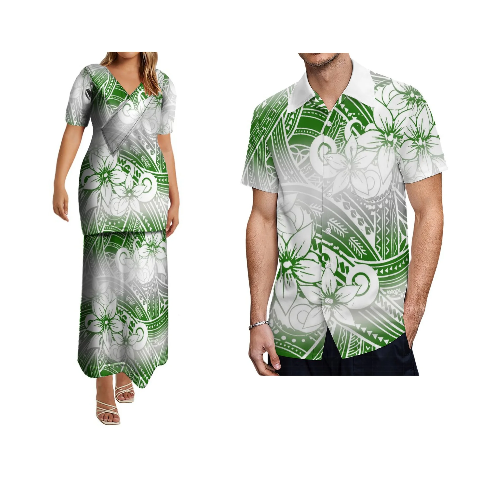 

Holiday Travel Out Of The Couple Set Polynesian Print Custom Temperament Puletasi Double Suit Women'S Long Dress