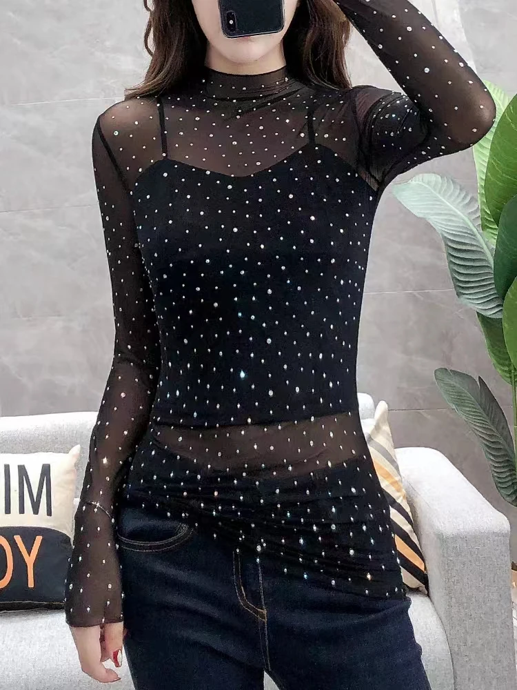 

Sexy Perspective Mesh Long Sleeve Spring and Autumn New Hot Diamond Lace Tight Underlay Shirt