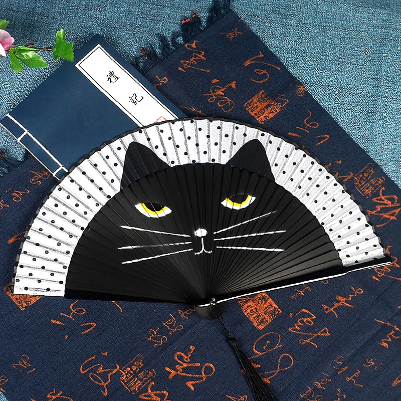 1 Piece Cat Pattern Bamboo Folding Fan For Women Cute Cartoon Cat Hand Fan Kimono Bathrobe Hand Fan Crafts Decoration