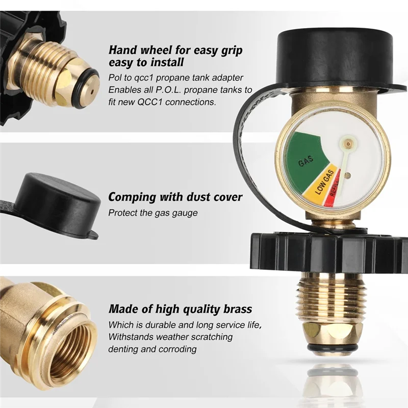 Adaptador de tanque de propano POL AA63 HOT Fit con calibre convierte válvula de servicio de tanque POL LP a QCC1/Tipo 1, para RV Camper, barbacoa Gas Grill