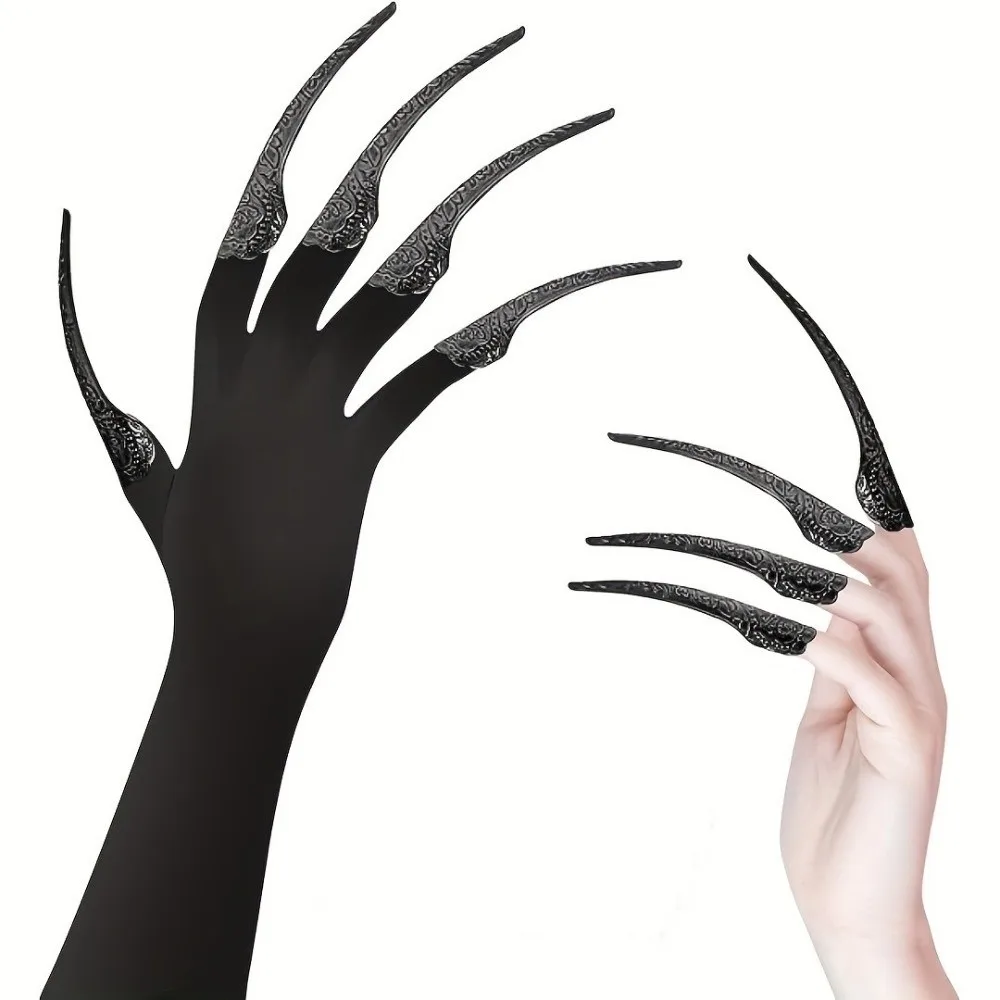 Black Color Long Nails Gloves Stretch Elastic Polyester Material Cosplay Gloves Finger Nails Design Detachable Claw Nails