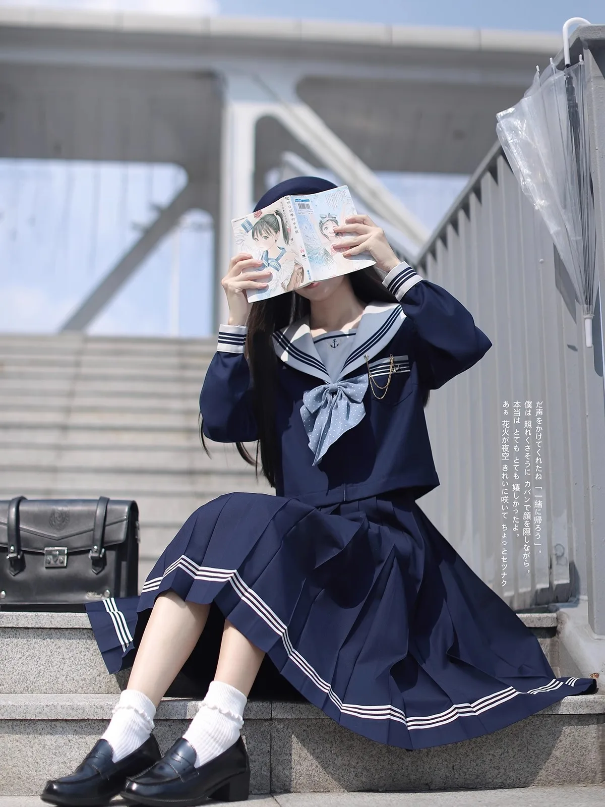 Japanischer süßer adretter Stil jk Uniform Matrosen kragen Langarm Reiß verschluss oben hohe Taille a-Linie Falten rock zweiteilig Set Frauen