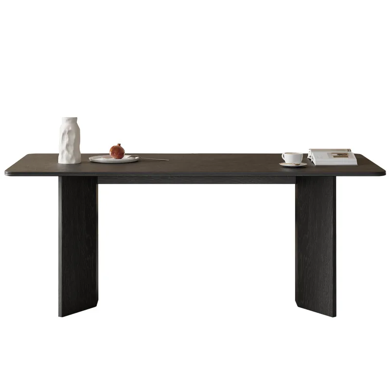 

Retro black rock slab dining table and chairs, small apartment home, modern simple French wabi-sabi rectangular solid wood