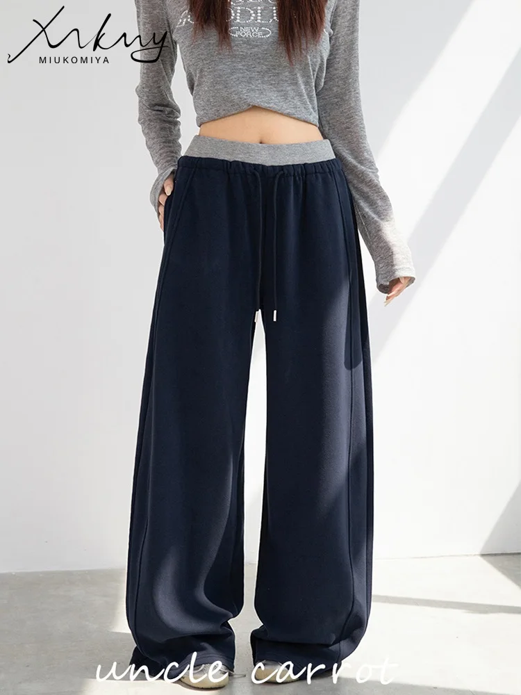 

MiuKoMiYa темно-синие спортивные штаны женские широкие осенние свободные брюки с высокой талией женские джоггеры на шнурке женские прямые брюки