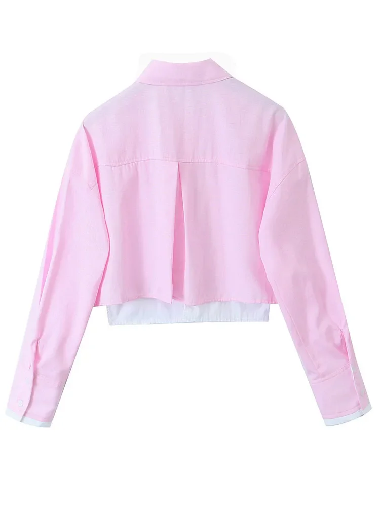 TRAF Fashion Woman Pink Patchwork Shirt Long Sleeve Cropped Shirts For Ladies Fashion 2024 Streetwear Button Up Blouses Tops