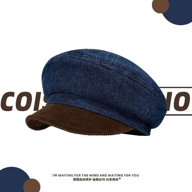 Retro Corduroy Splicing Denim Newsboy Hats for Women Autumn and Winter Travel Literaty Versatile British Style Berets for Men