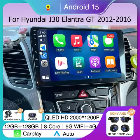 현대 I30 엘란트라 GT 2012 2013 2014 2015 2016 차량용 라디오 안드로이드 15 카플레이 자동 GPS 내비게이션 멀티미디어 플레이어 4G 스테레오
