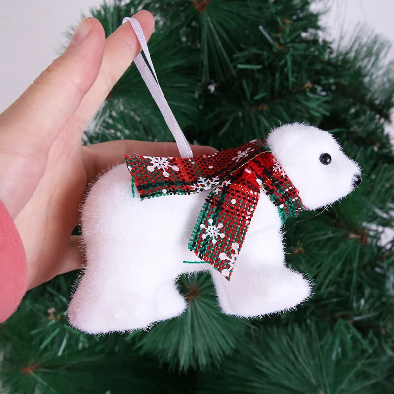 Christmas Cute Flocking White Bear Christmas Tree Ornaments Xmas Hanging Tree Pendants Toy Decoration Gift For Girl Boy Kid