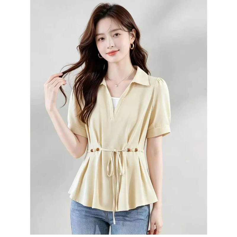 

Chiffon Contrast Patchwork Plus Size Elegant Blouse Summer New Short Sleeve Lacing Casual Shirts Fashion Office Women Clothing