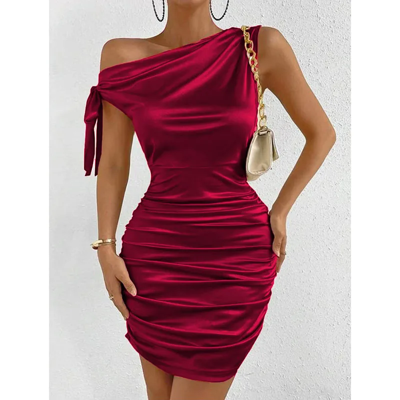 

Elegant Oblique Collar Party Mini Dresses Women Sexy Wine Red Satin Package Hip Dress Lady Fashion Slim Asymmetrical Short Dress
