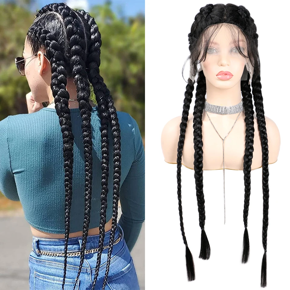 Synthetic Lace Braid Wigs for Black Women 32Inch Knotless Box Braid Wig with Baby Hair Handmade Lace Front Wig Daily Use