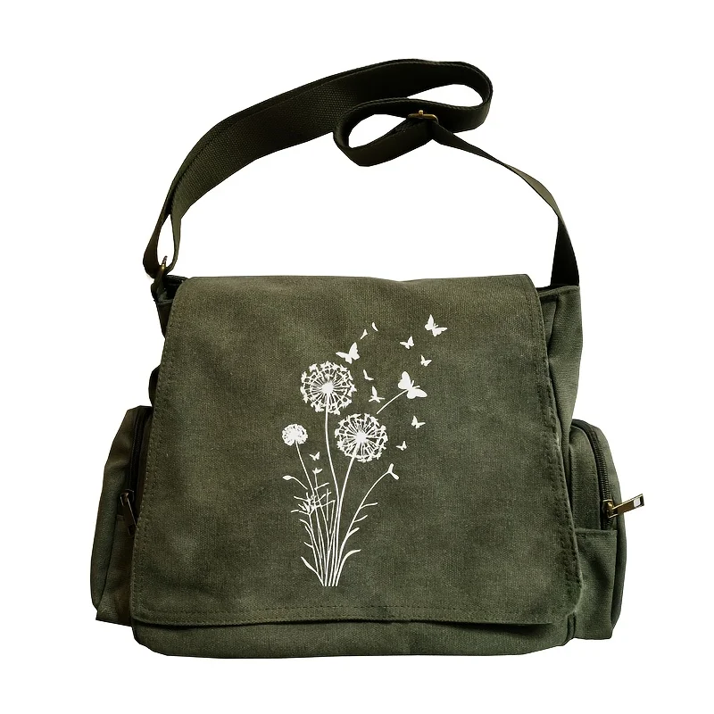 

Dandelion & Butterfly Floral Print Women's Messenger Bags Zipper Closure Handbags Vintage Canvas Travel Crossbody Bag