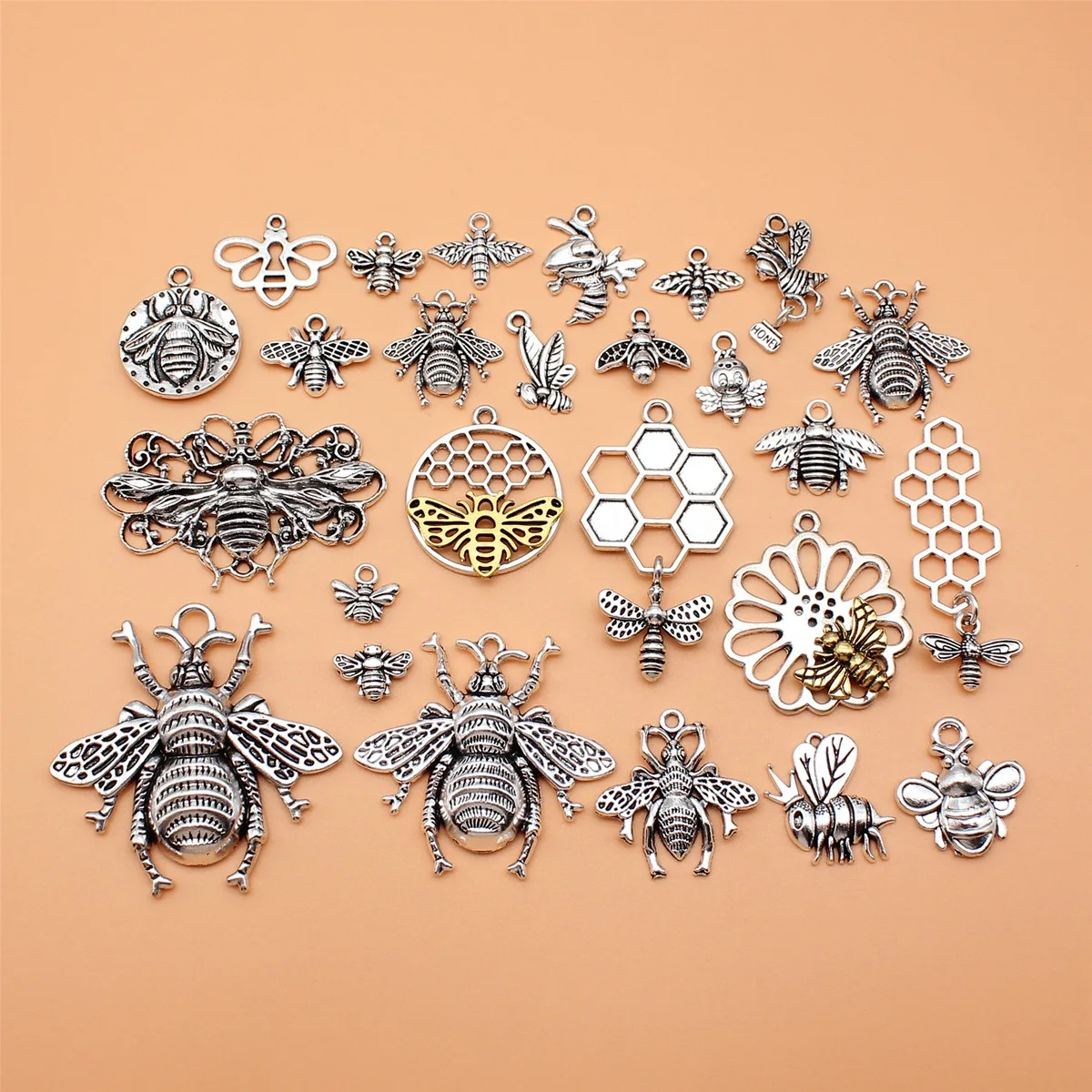 26pcs Antique Silver Color Bee Charms Collection For DIY Jewelry Making, 26 Styles, 1 of Each