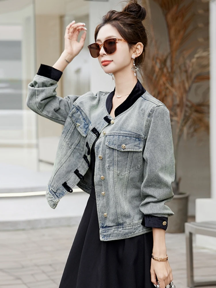 Nieuwe Chinese Sle ort Denim Jaet Dames Gewatteerde oulder Stand Kraag Button up Top Lente 2025 Faion Pendelen Wind