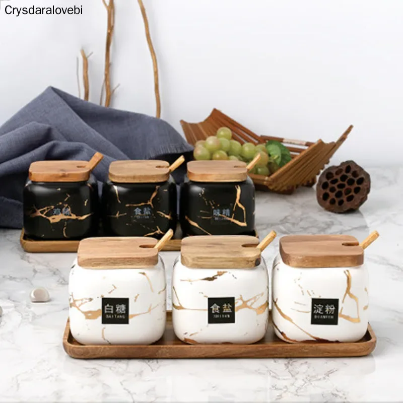 Matte marble pattern ceramic seasoning jar Set Wood Tray oil and salt shaker household Spice box set kitchen seasoning bottle