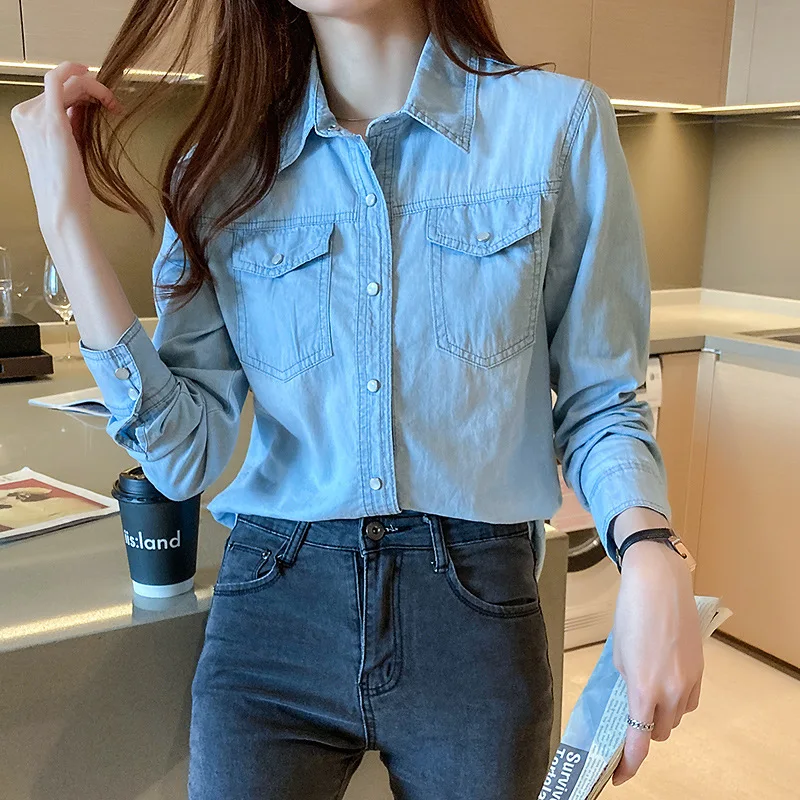 Otoño señora Denim blusa de algodón solapa manga enrollada camisa con botones de Metal mujeres Casual pantalones vaqueros de un solo pecho Top blusas para mujer