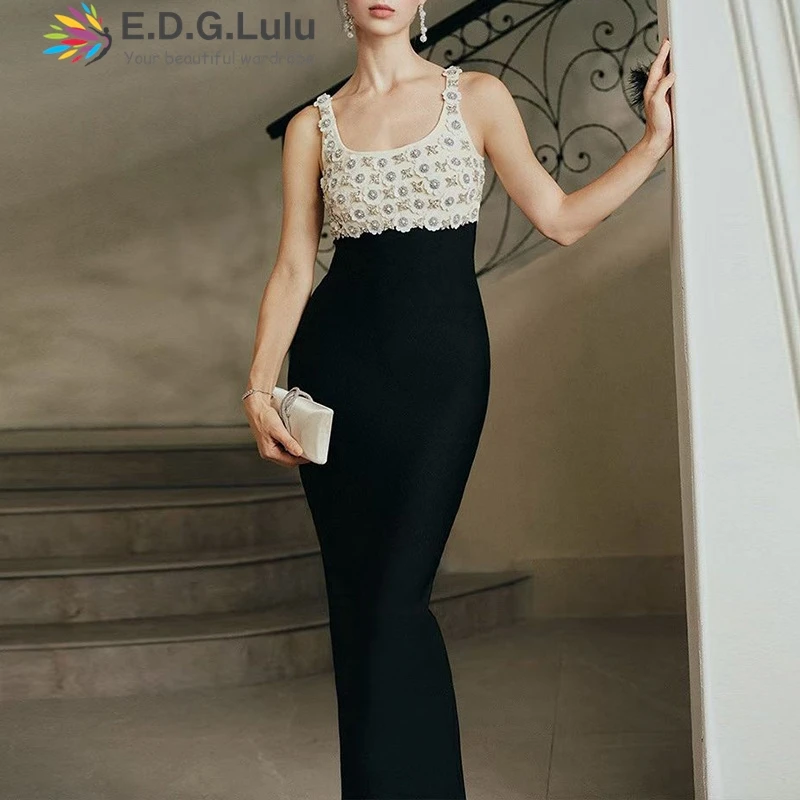 EDGLuLu High Quality Diamond Inlay Splicing Birthday Dress Ladies Sleeveless Backless Sexy Elegant Long Evening Gown 1205