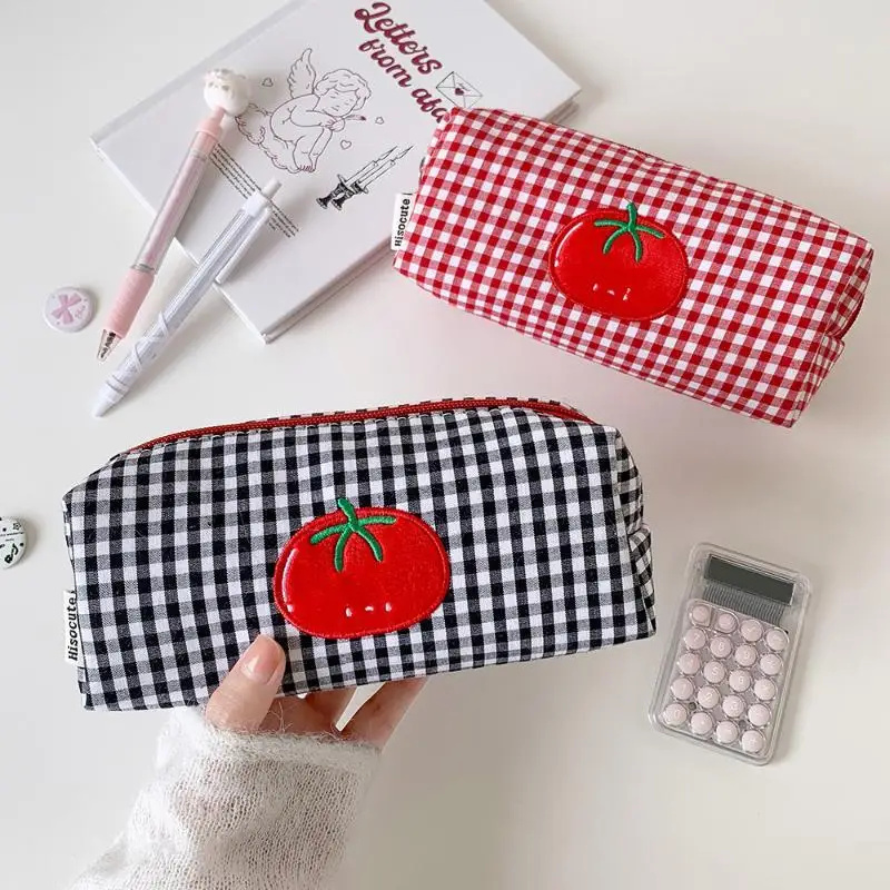 【B】1Pcs Portable Canvas Pencil Case Tomato Gingham Storage Organizer Makeup Bag Large Capacity Cosmetic Bag Women Girls