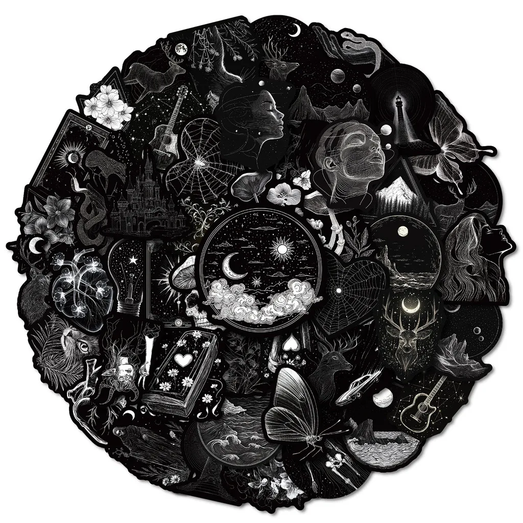 50 قطعة من ملصقات الكتابة على الجدران من سلسلة جماليات الخيال الأسود الرائع لشارات مقلمة اليد للدراجة