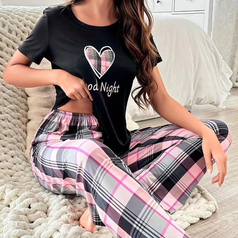 Conjunto de pijama informal con estampado de camisón para mujer, Top de manga corta con cuello redondo, pantalones cortos y pantalones, ropa de dormir de 3 piezas