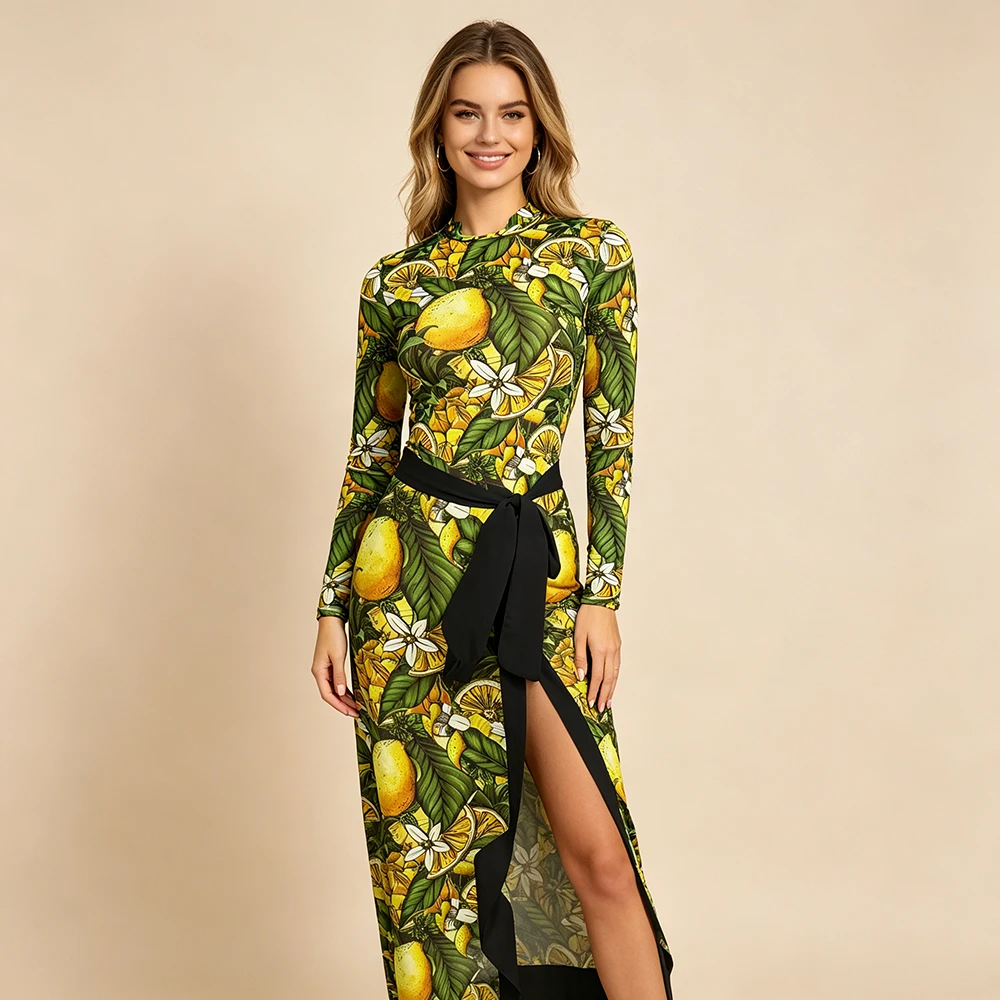 2026 New Lemon Print 2-Piece Swimwear Set Women Long Sleeve Mesh Bodysuit + Wrap Sarong / Skirt Cover Up Tropical Beachwear