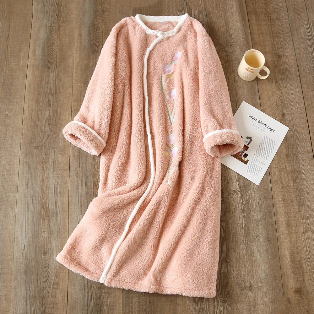 Women Flannel Pajamas Kimono Robe Autumn Winter New Warm Embroider Bathrobe Soft Solid Female Sleepwear Soft Homewear Clothes