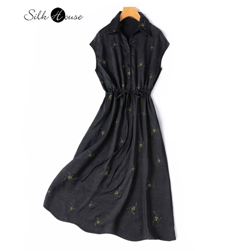 

100% Natural Mulberry Silk Turtle Crack Gambiered Guangdong Gauze Exquisite Embroidery V-neck Waist Cinched Shirt Style Dress