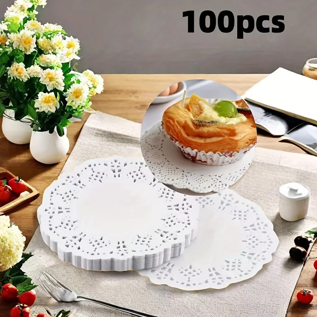50pcs Round Lace Paper Doilies, Cupcake Liners for Fried Food Cookies, Party Wedding Table Decor Kitchen Supplies