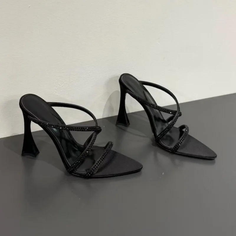 Summer Pointy Toe Thin High Heels Slippers Women Narrow Band Luxury Rhinestone Mules Slippers Sexy Crystal Party Shoes Woman