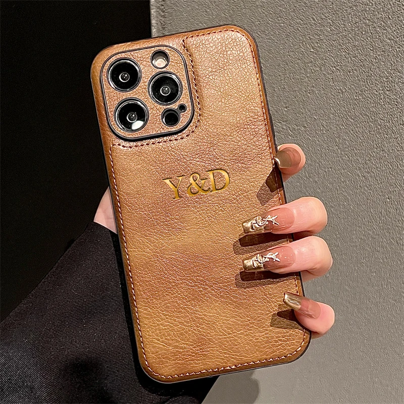 Luxury Classic Leather Full Case For iPhone 16 15 14 13 12 11 Pro Max Personalized Customized Name Initials DIY Engraved Cover