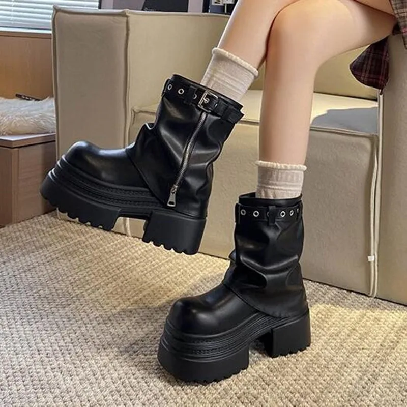 Women's Platform High Heels Boots 2027 Designer Leather Shoes Winter Zip Chelsea Short Boots Trend Motorcycle Boots Woman Pumps