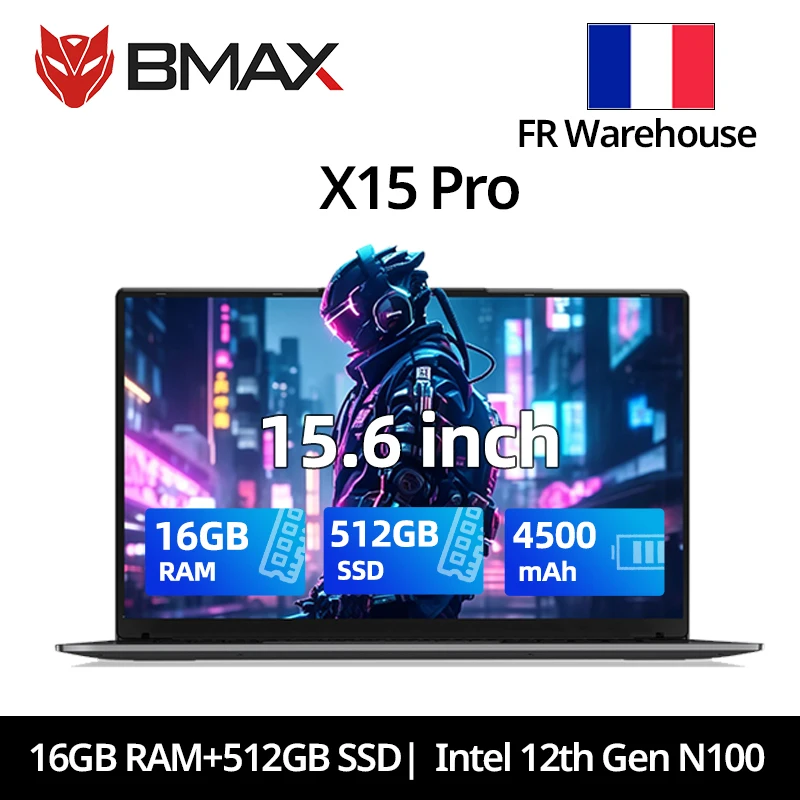 Ordinateur portable Bmax X15 Pro 15,6'' IPS Intel 12e génération N100 16 Go de RAM DDR4 512 Go de SSD Windows 11 Clavier numérique HDMI Wifi USB PC