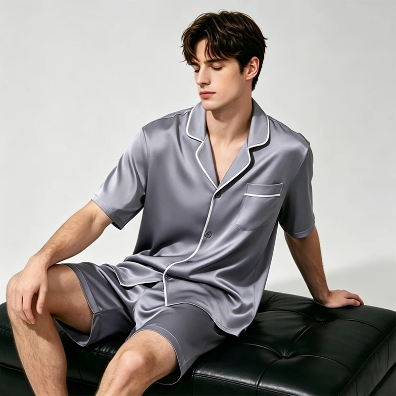 Men Silk Pajamas Set Grey Short Sleeve Button Down 2PCS Sleepwear 100% Real Silk Loungewear Nightwear for Men