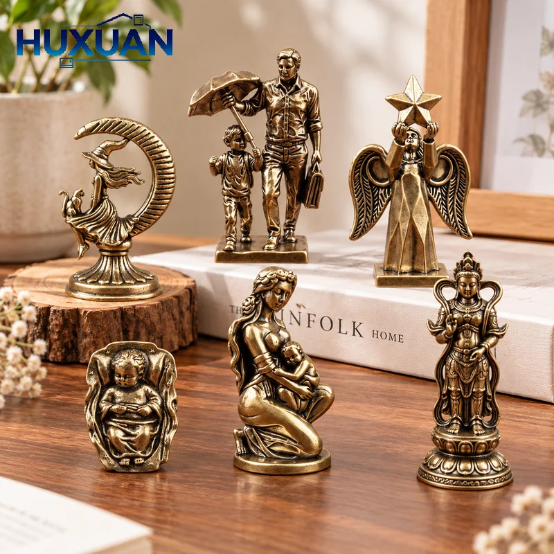Retro Brass Mini Figurine, Family Angel Witch Goddess Baby Statue, Desktop Ornament Home Tabletop Decor Collectible Gift