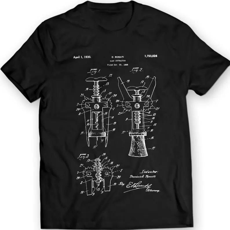 Cork Screw Patent T-Shirt Unisex/Mens Gift Idea Printed Wine Art Corkscrew 100% Cotton Holiday Gift Christmas Birthday Present