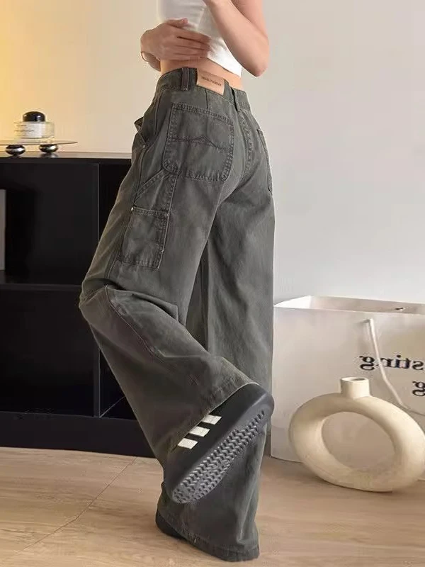 

American Style Workwear Military Green Wide Leg Straight Cut Jeans Women's Loose Knife Pants High Waist Denim Jeans