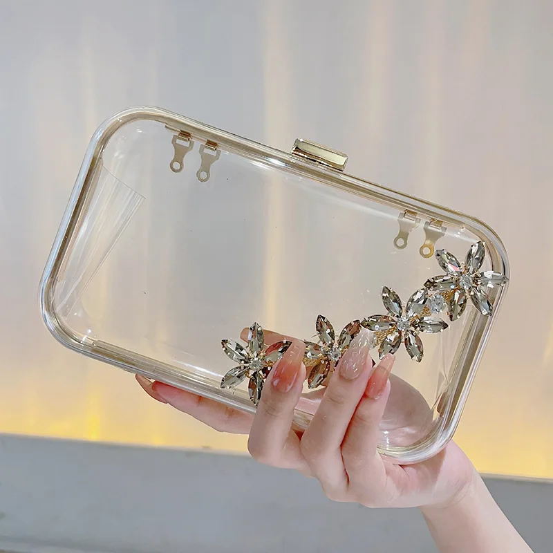 

Luxury Transparent Acrylic Evening Bags Floral Print Chain Shoulder Crossbody Bags Ladies Party Wedding Clutch Square Handbags