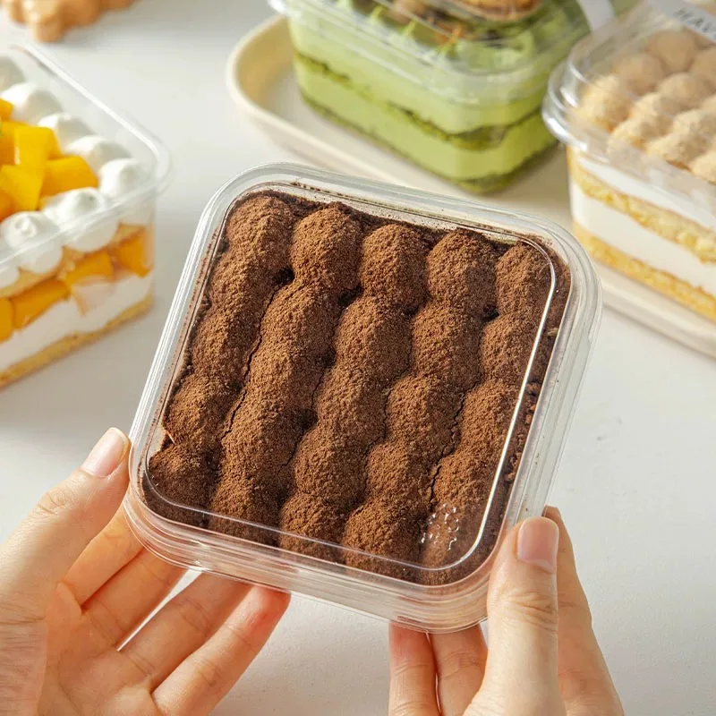Tiramisu-Box Spezial Einweg Transparente Verpackungsbox Kuchenform Verpackungsaufkleber Quadratische Sojamilch-Dessertbox 10 Stück 400ml – Detail 7