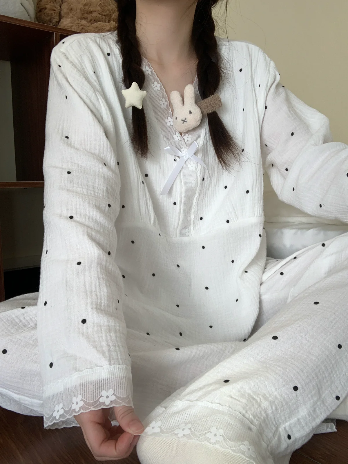 100% Pure Cotton Polka Dot Lace Trim Cotton Gauze Long Sleeve Pajamas for Women Spring Autumn 2025 New Casual Homewear Set