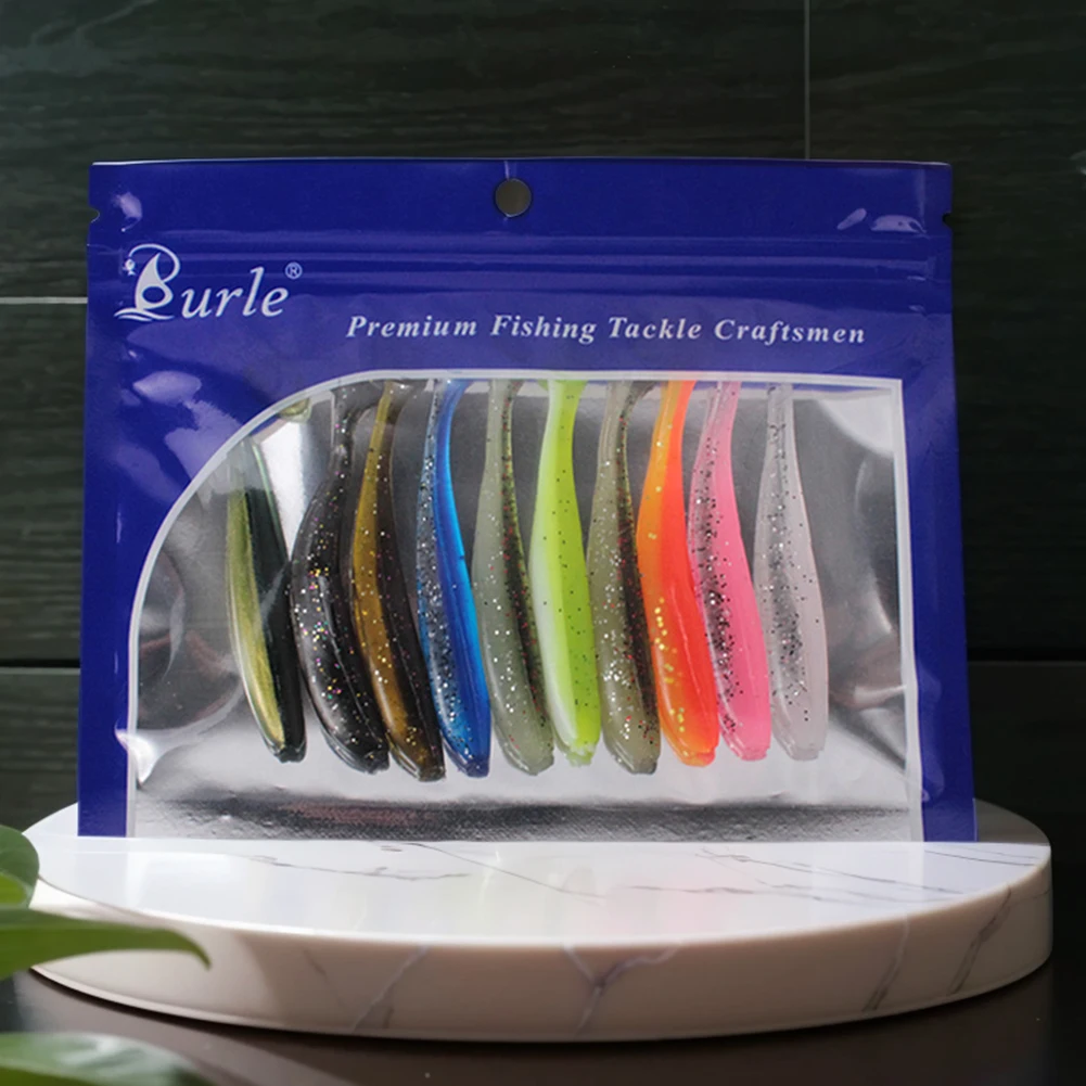 10Pcs 9cm T Tail Worm Soft Bait Plastic Fishing Bait Paddle Tail Swim Baits for Bass Trout Freshwater Saltwater
