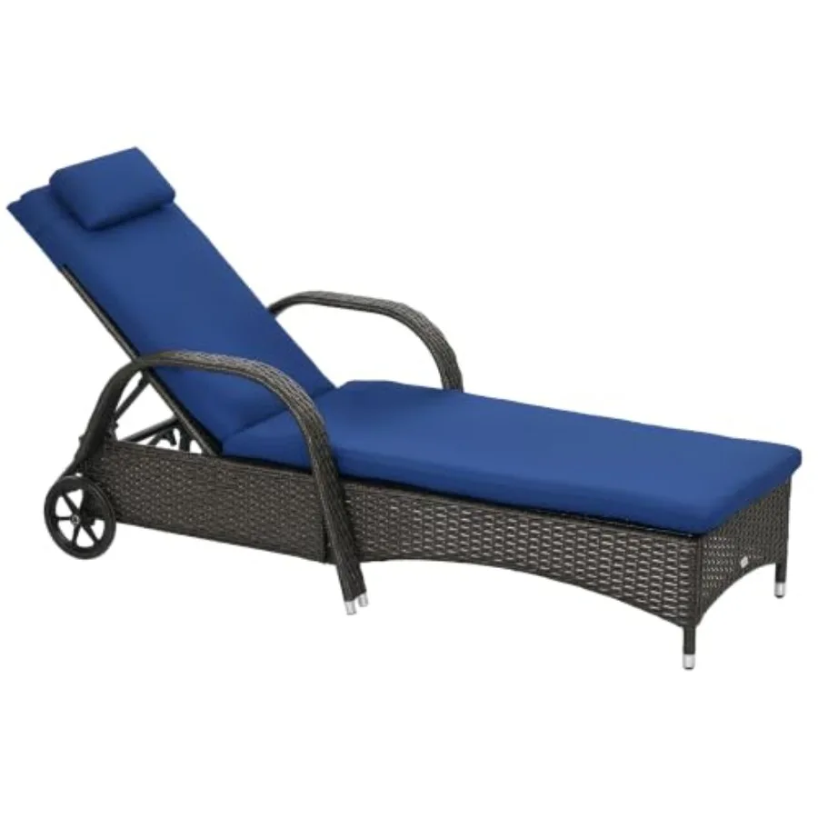 Wicker Outdoor Chaise Lounge for Patio Use, Natural Wicker with Brown Frame and Dark Blue Cushions, Weather-Resistant Stackable