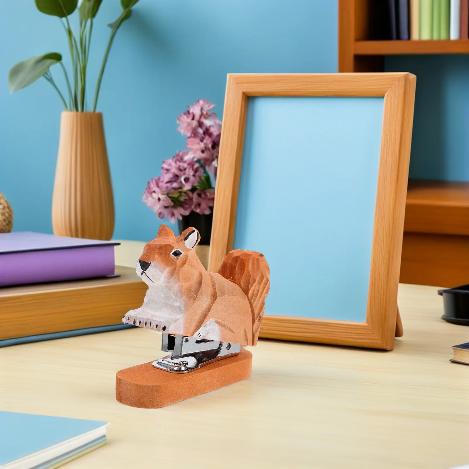 2Pcs Wooden Squirrel Shaped Mini Stapler Cute Office Desk Accessory Compact Portable Hand Held Stationery Tool for Craft