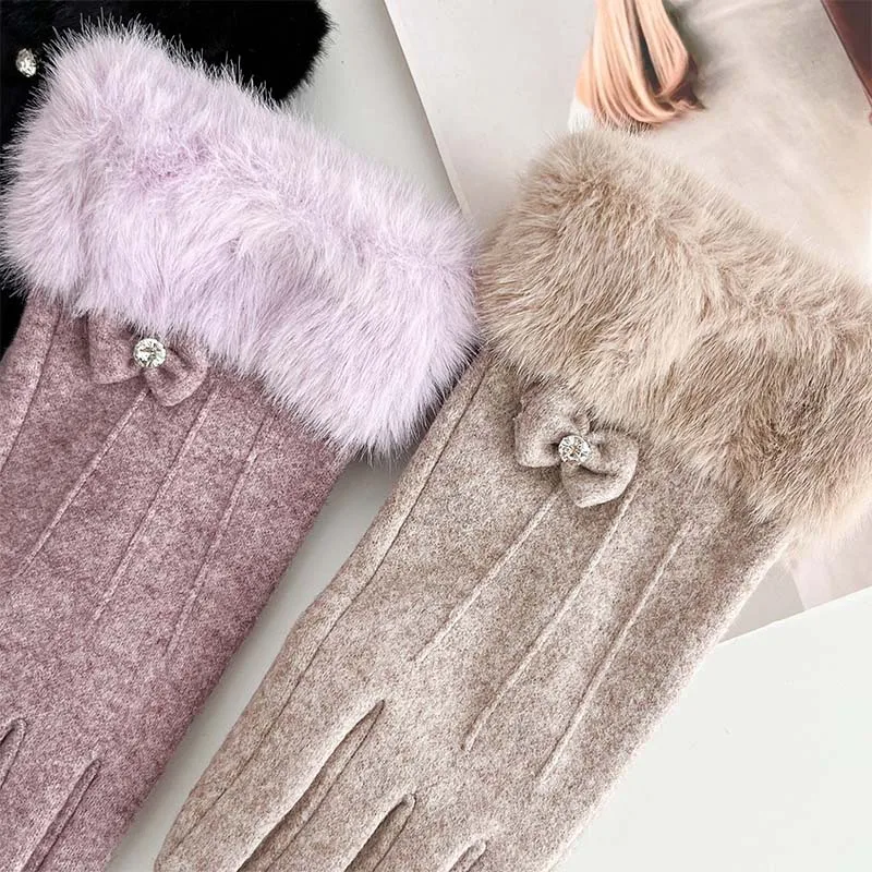 New Winter Gloves for Women: Cashmere Haircoat, Three Thread Butterfly Knot with Diamond, Three Color Warm Gloves