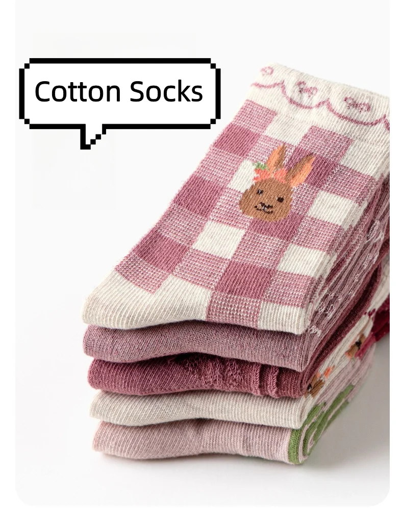 Autumn Girls Socks Baby Rosy Bunny Cartoon Socks Cotton Socks Children Medium Socks Kids Socks 5 Pairs