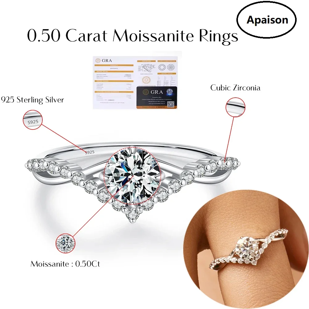 

Apaison 0.5 ct D Color Moissanite Diamond Ring For Women Wedding Engagement Exquisite 925 Sterling Silver Crown Jewelry Gift