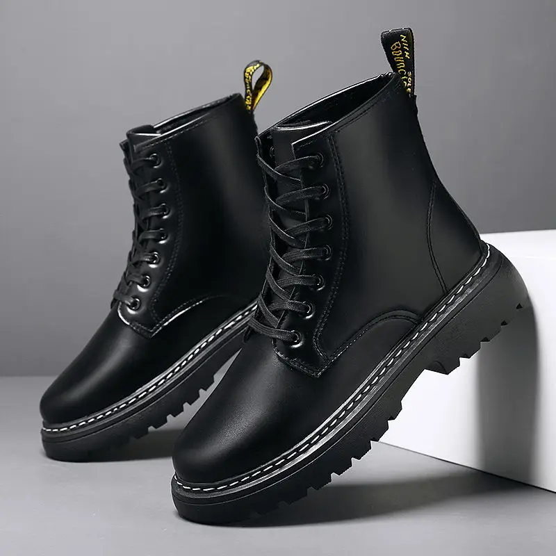 

Черные мужские высокие ботинки в британском стиле, новинка 2025, осенне-зимняя рабочая одежда на флисовой подкладке, кожаная трендовая обувь