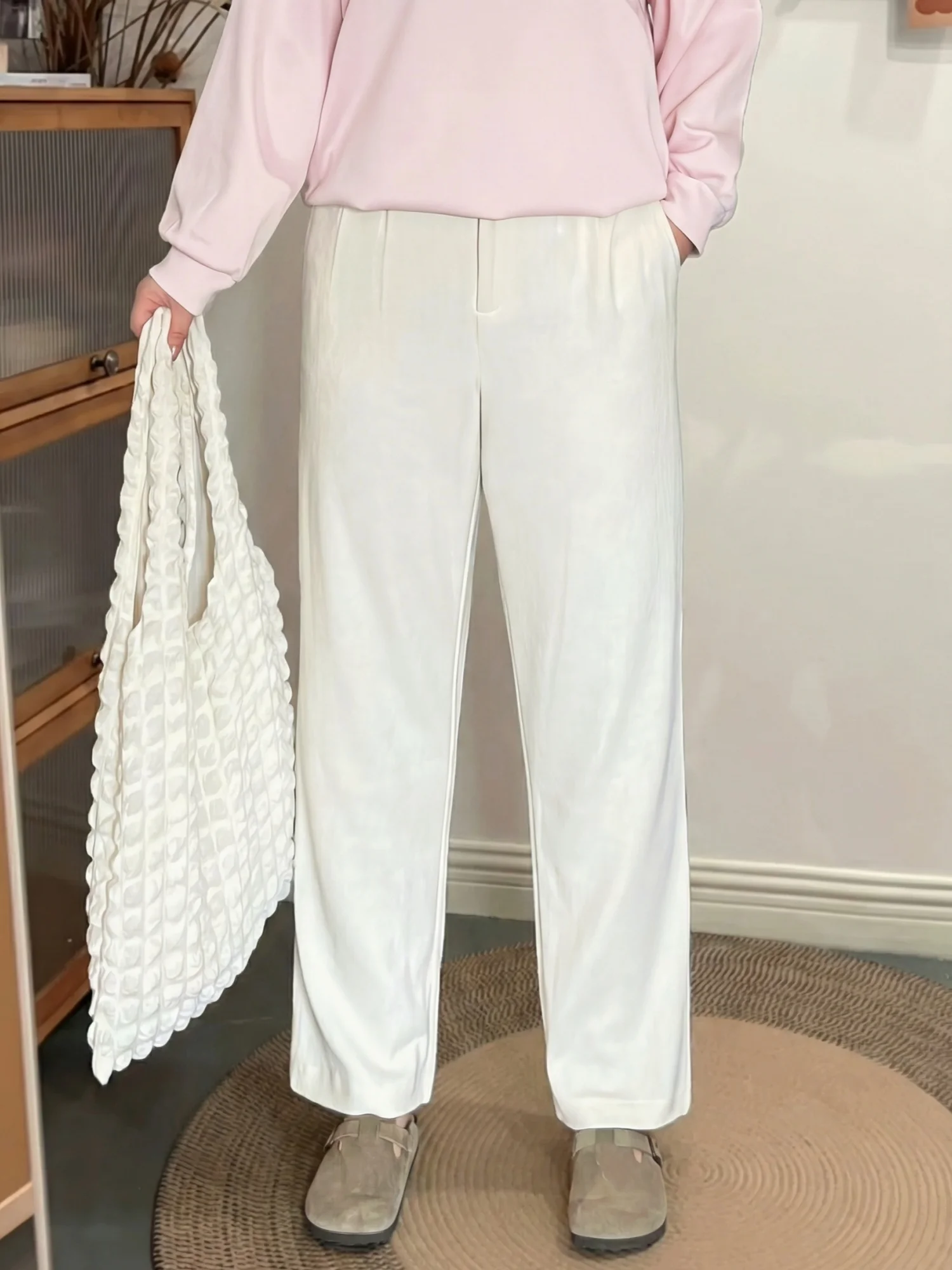 

Брюки с высокой талией, широкими штанинами и эластичным поясом, скрывающие недостатки фигуры, универсальные, весенняя новинка F15703 для женщин больших размеров, повседневный стиль