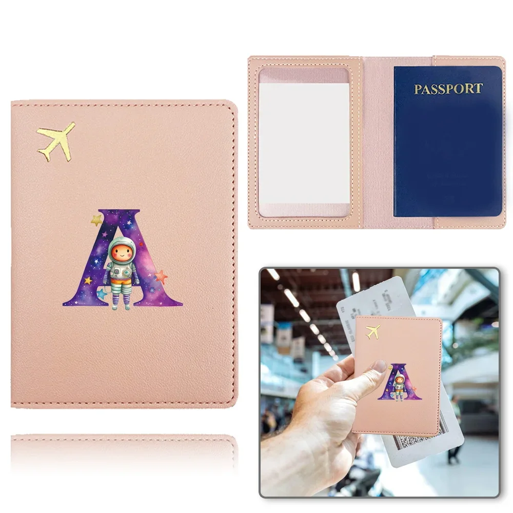 Pu Passport Case Airplane Travel Passport Cover Business Passport Clip Card Bank Card Organizer Cover Astronaut Letter Pattern