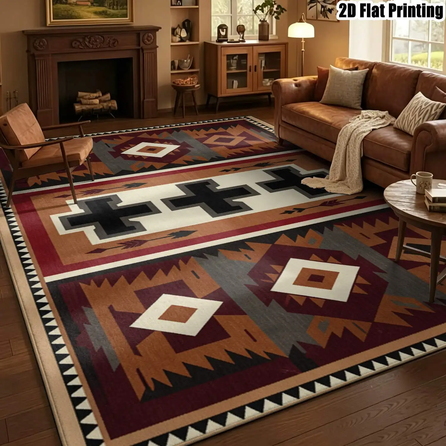 1Pc 2D Printed Retro Brown-Red Geometric Cross Pattern Carpet, Boho & Simple Geometric Styles, Multi-Size, Machine Washable, Home Decor Rug