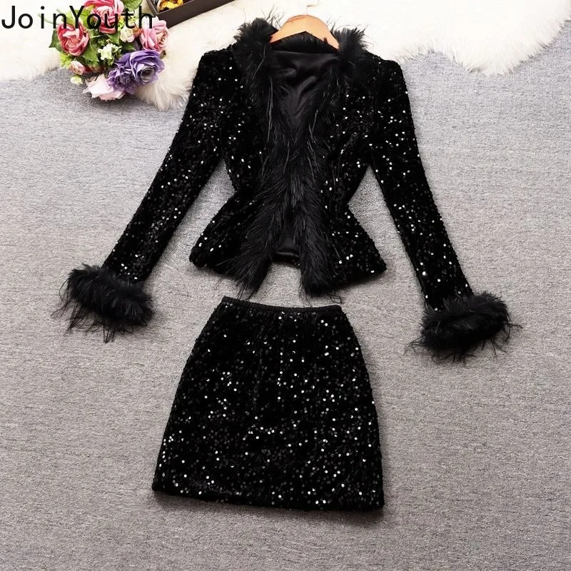 

Skirt Sets Temperament Women Clothes V-neck Furry Crop Coat Bodycon Mini Skirts Outfits Roupas Femme Fashion Sequin Thicked Suit